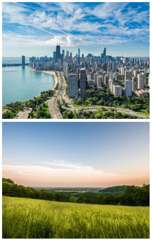Two images collage - bird's eye view on Illinois Chicago on top and greenfield at the bottom
