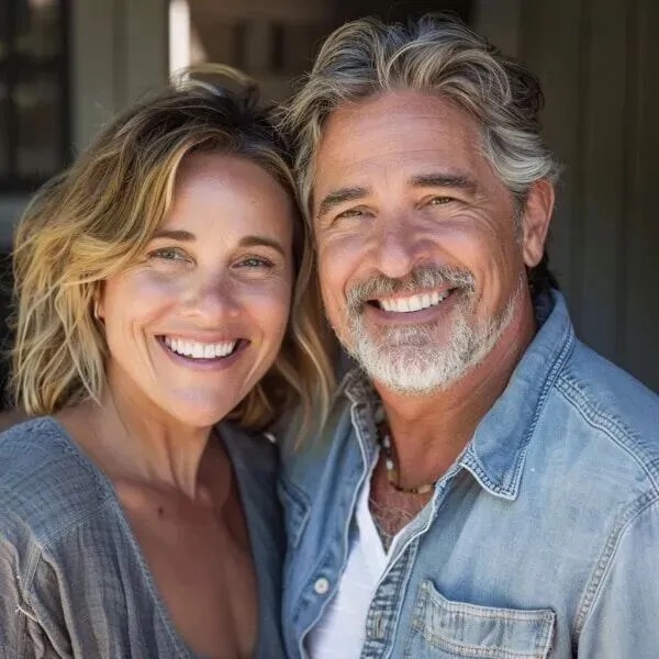 A mature couple smiling indoors